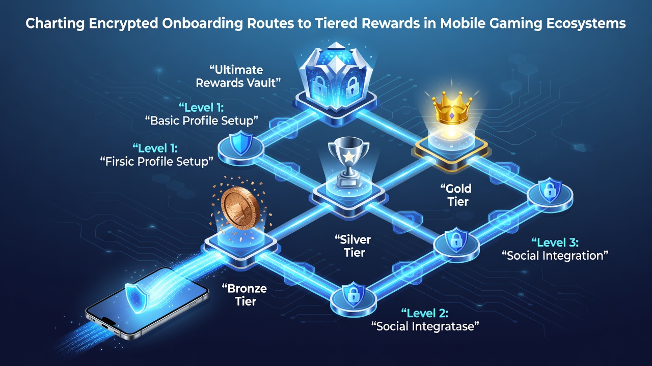 Darstellung verschlüsselter Onboarding-Routen in mobilen Gaming-Apps mit gestaffelten Belohnungen