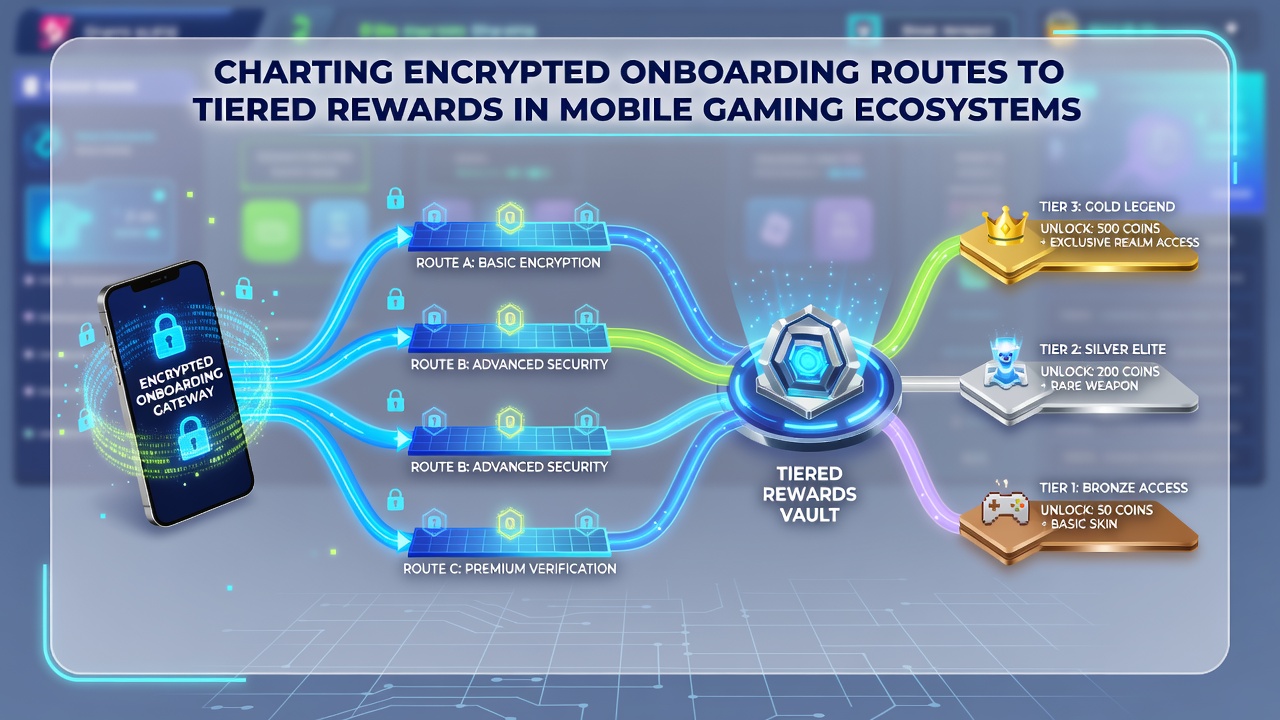 Mobile Gaming-App mit verschlüsselten Pfaden zu VIP-Belohnungsstufen und Live-Features