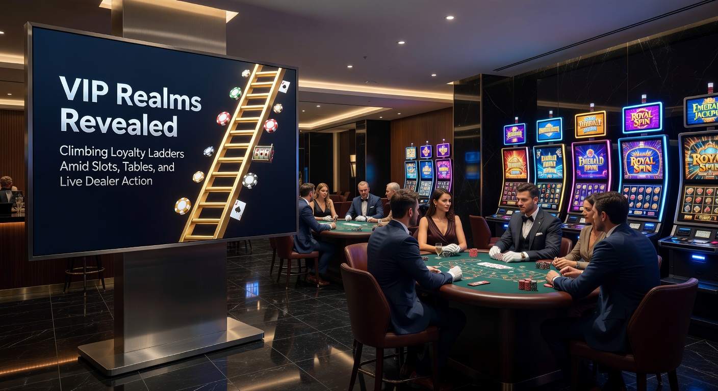 Detailliertes Rendering einer VIP-Lounge mit Live-Dealer-Tischen, Slots-Maschinen und einer aufsteigenden Leiter-Symbolik